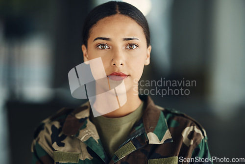 Image of Portrait, soldier and woman with arms crossed, war and confidence with protection, veteran and proud. Face, person and hero with power, service and mindset with warrior, ready for army and military