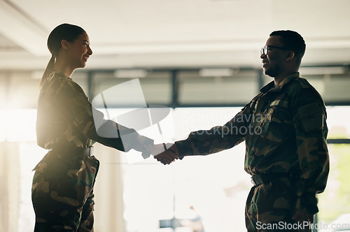 Image of Meeting, army or soldiers shaking hands for partnership, teamwork or deal in war agreement together. People, promotion or handshake for team fight, thank you or gratitude in solidarity or military