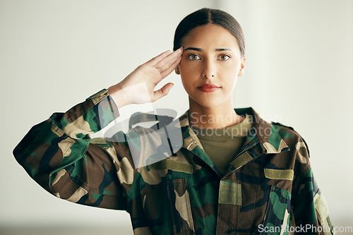 Image of Portrait of woman soldier with salute, confidence and pride in army service for professional hero. Military career, security and courage, girl in uniform and respect at government intelligence agency