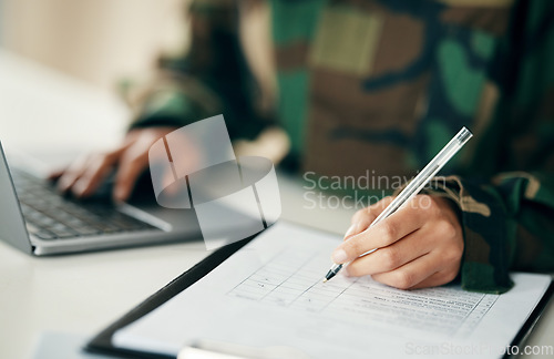 Image of Sign, military or hands writing on application or contract, form document for war counselling. Laptop, survey checklist or soldier with history on paperwork or notes for legal agreement or note