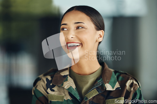Image of Happy woman soldier with confidence, camouflage and pride, relax outside army building. Professional military career, security and courage, girl in uniform and smile at government agency service.