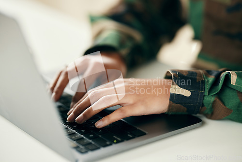 Image of Military command center, hands or soldier on computer for analysis and technology for cyber intelligence. Security, email communication or guard typing on pc in army office at government control room