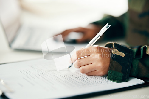 Image of Sign, contract or hands writing on army application, paper or form document for military or war counselling. Deal, survey checklist or soldier with history on paperwork or notes for legal agreement