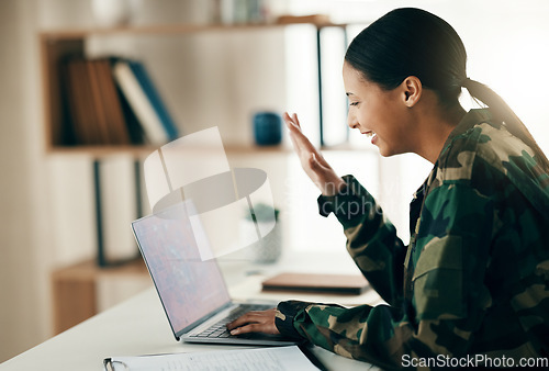 Image of Soldier, woman and wave on laptop for communication, video call and happiness in living room for home. Computer, digital and person in military with internet for webinar and conversation in house