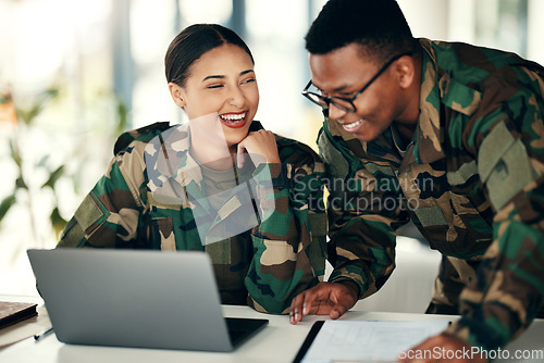 Image of Laptop, friends and an army team laughing in an office on a military base camp together for training. Computer, happy or funny with a man and woman soldier working together on a winning strategy