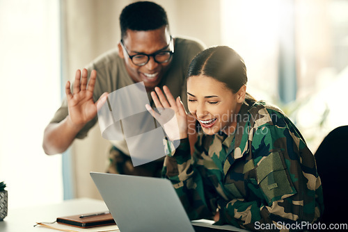 Image of Soldier, woman and man wave on laptop for communication, video call and happiness in living room of home. Computer, digital and people in military with internet for webinar and conversation in house