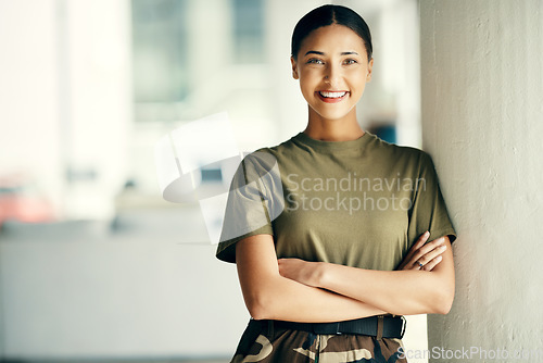 Image of Portrait on woman soldier with smile, arms crossed and mockup and relax outside army building with confidence. Professional military career, security and courage, girl in uniform at government agency