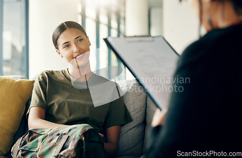 Image of Talking, soldier or woman in therapy for trauma counselling from military war for army mental health support. Consultation, depression stress or person with therapist to help with psychology on sofa