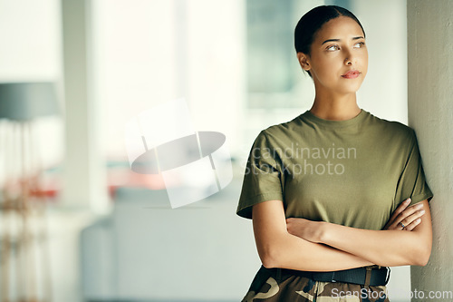 Image of Army, idea and arms crossed with a woman soldier in uniform for safety, service or patriotism Military, thinking and a serious young war hero looking confident or ready for battle in camouflage