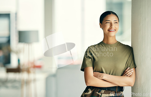 Image of Woman soldier with smile, arms crossed and pride, relax at army building with confidence. Professional military career, security and courage, girl in uniform at government agency in hero service.