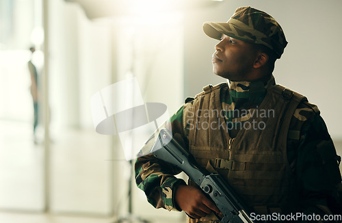 Image of Thinking, soldier and black man with gun in army, vision and serious in security. Military veteran, rifle and weapon of African professional with idea in camouflage uniform at government agency.