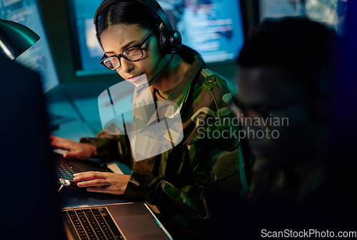 Image of Military control room team, headset and woman with computer and tech for communication. Security, global surveillance info and soldier thinking in army office at government cyber data command center.