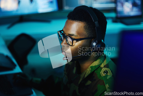 Image of Military control room, security or man monitor CCTV, army communication or online surveillance system. Data center, cyber support soldier or face profile of black person helping with crime intel unit