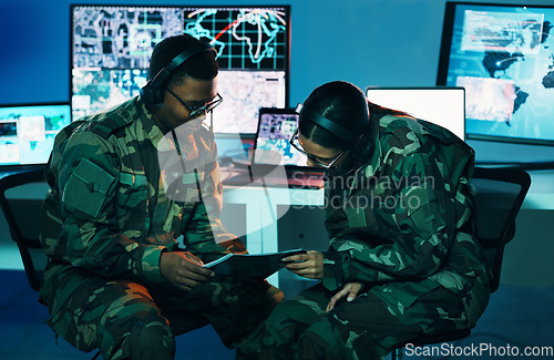 Image of Military control room, tablet or team monitor CCTV, army database server or online surveillance system. Data center, soldier collaboration or people teamwork on crime report, safety or security intel