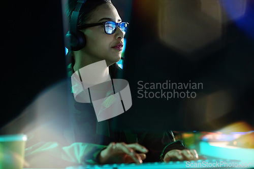 Image of Military command center, headset and woman at computer, analysis and technology for cyber intelligence. Security, surveillance and soldier in communication in army office at government control room.