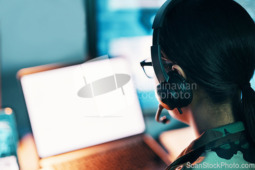 Image of Military control room, computer screen and woman with mockup, headset and tech for communication. Security, surveillance and and soldier with blank monitor in army office at government command center