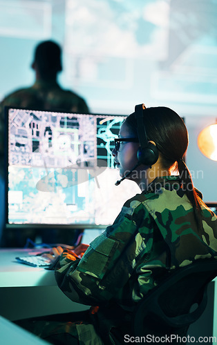 Image of Military control room, computer screen and woman in surveillance, headset and tech for communication. Security, global digital map and soldier at monitor in army office at government command center.