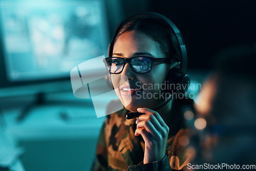 Image of Call center, woman and face with microphone and glasses for information technology, big data or intelligence agency. Person, cyber security and smile for communication, analysis and support to army