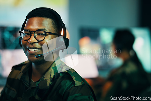 Image of Portrait, call center and face of man with microphone and glasses for information technology, data or intelligence agency. Cyber security, person and smile for communication, analysis and support