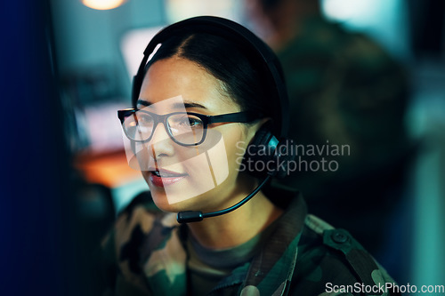 Image of Woman, call center and face with microphone and glasses for information technology, big data or intelligence agency. Cyber security, person and smile for communication, analysis and support to army