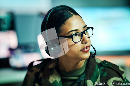 Image of Call center, woman and face with microphone and glasses for information technology, big data or intelligence agency. Cyber security, person and focus for communication, analysis and support to army
