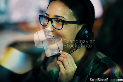 Image of Information technology, call center and woman with hand on microphone and glasses for big data or intelligence agency. Cyber security, person and smile face for communication, analysis and support