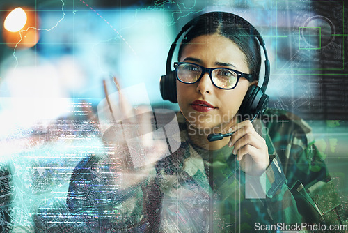 Image of Military, communication and double exposure with a woman user online for location or tactical strategy. Map, dashboard or interface with a young army person talking to a soldier on a secure headset