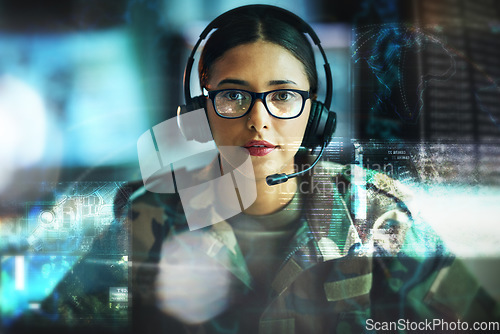 Image of Portrait, military communication and double exposure with a woman user online for location or tactical strategy. Map, dashboard or interface with a young army person talking to a soldier on a headset