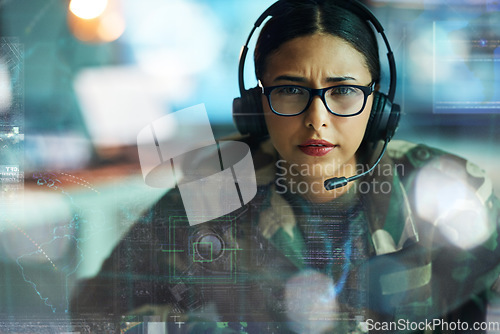 Image of Portrait, army communication and double exposure with a woman user online for location or tactical strategy. Map, dashboard or interface with a young military person talking to a soldier on a headset