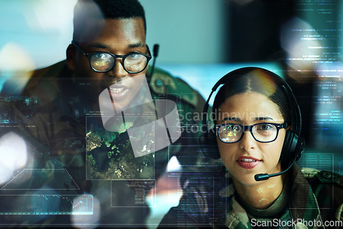 Image of Army, communication and double exposure with a user team online for location or tactical strategy. Map, dashboard or interface with a young military people talking to a soldier on a secure headset