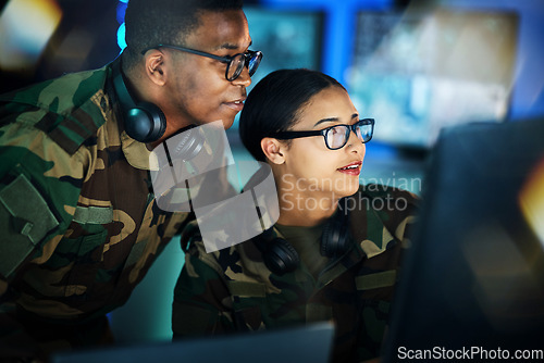 Image of Military, surveillance and people with computer talking in office for cybersecurity, communication or control room monitor, Army, security and employees in collaboration on project,