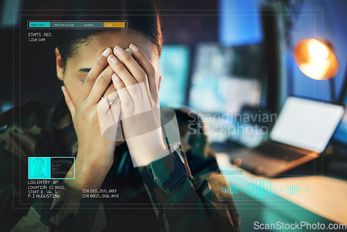 Image of Tired, night and a woman with a profile in the military while sleeping in a data center. Fatigue, war and a female soldier or army veteran with depression while in a control room for surveillance