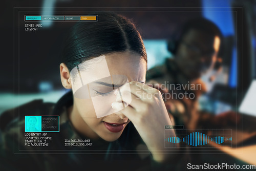 Image of Face, stress and a military woman on camera in a control room to monitor vital signs of a soldier. Headache, fail or error with a young army person feeling the pressure of war strategy and loss