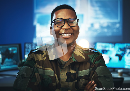 Image of Military, surveillance and happy portrait of man with arms crossed in cybersecurity, control room and government mission. Army, employee and face in smile with pride, confidence and working in tech