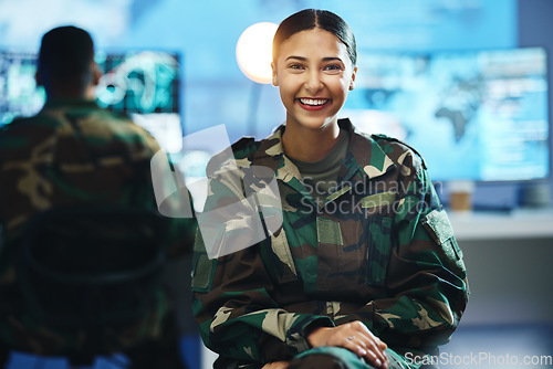 Image of Portrait, smile and a woman in an army control room for strategy as a soldier in uniform during war or battle. Face, happy and young military person in an office for support, surveillance or service