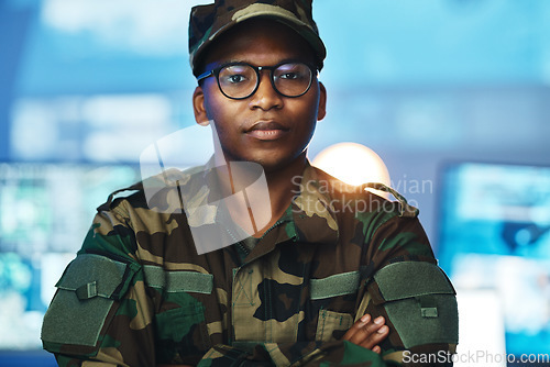 Image of Control room, military and portrait of man for surveillance, tracking operation and national security. Army, government and soldier online for cybersecurity, communication network and monitoring duty