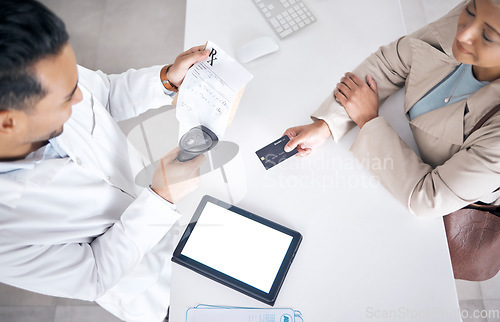 Image of Pharmacy, POS and woman with credit card for healthcare, medical and clinic worker payment. Customer, prescription and top view with pharmacist and blank tablet with mockup space and transaction