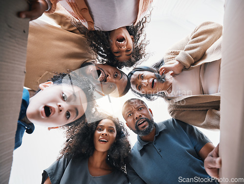 Image of Family, open box and surprise from below in portrait, circle or excited for present, gift or parcel delivery together in home. Shocked, wow or group with parents, children and grandparents or package