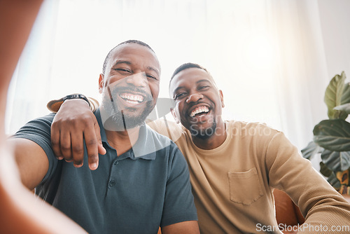 Image of Happy black man, friends and selfie in photography, bonding or friendship together on sofa at home. Portrait of African male person smile for picture, photo or memory in social media or vlog in house