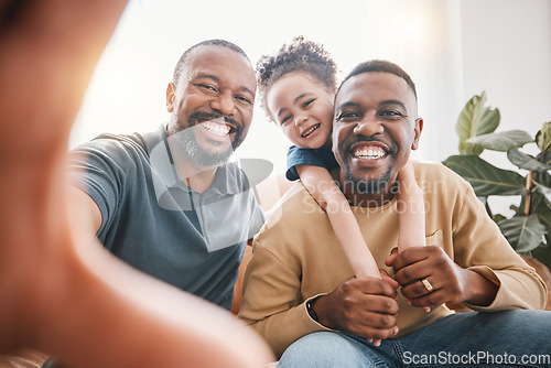 Image of African father, son and generations with selfie, portrait and smile with young kid, care and memory in living room. Senior black man, dad and boy with memory, post or profile picture on social media