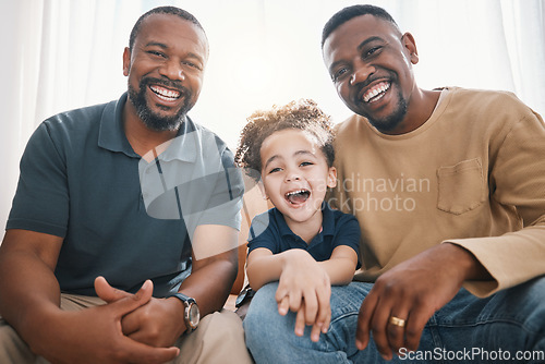 Image of Happy, black family and portrait with child, grandfather and dad in home, living room and happiness on sofa with love. Grandparent, father or boy smile together on couch in apartment lounge or house