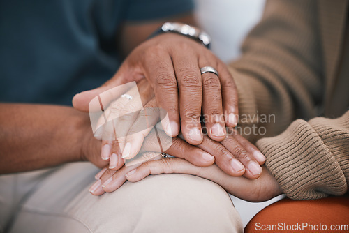 Image of Hands of couple in therapy for marriage counselling, support and love with relationship advice. Trust, man and woman with embrace, healthy communication and mental health healing with psychology help