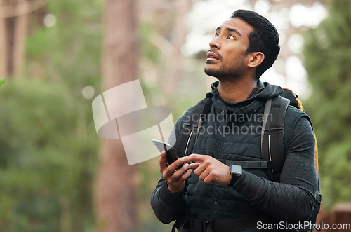 Image of Phone, connection and man hiking in nature for journey, trekking and exercise in woods. Fitness, travel and person on smartphone with no signal for GPS, online location and digital map on adventure