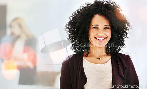 Image of Face, portrait and woman in administration with smile for job opportunity and company values with bokeh. Professional, entrepreneur and person in business with pride, leadership and happiness