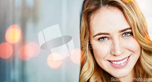 Image of Beauty, skincare and portrait of woman with smile and natural face for cosmetics or dermatology on bokeh. Cosmetology, person and wellness for self care, facial health and glow in San Francisco