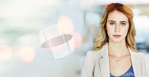 Image of Serious, business woman and portrait in office mockup for accounting, financial advisor or professional employee in Australia. Confident, accountant or economy expert and entrepreneur in company