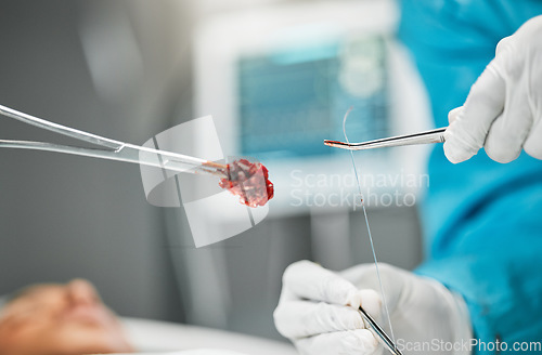 Image of Surgery, doctors hands on tools and stitches with equipment, teamwork and support in hospital. Nurse helping medical surgeon, blood and patient in bed for safety, operation and emergency care in ER.