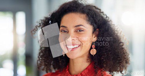 Image of Happy, laughing and the face of a woman at work with pride, happiness and confidence. Smile. cheerful and a portrait of a young corporate employee with positivity, smiling and looking confident