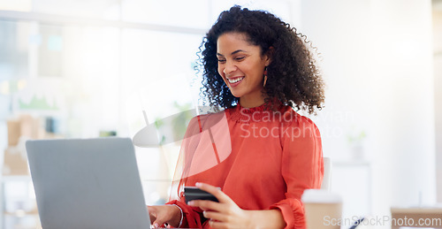 Image of Laptop, ecommerce and business woman with credit card for internet purchase, payment and online shopping. Fintech, office and happy female worker on computer for digital banking, invest and finance