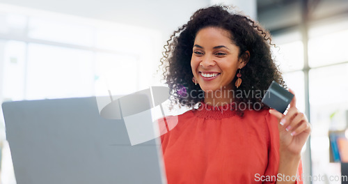 Image of Laptop, happy and business woman with credit card for internet purchase, payment and online shopping. Fintech, ecommerce and female worker smile on computer for digital banking, invest and finance